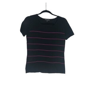 Cable & Gauge Sweater Short Sleeve Black Pink Stripes Size Medium